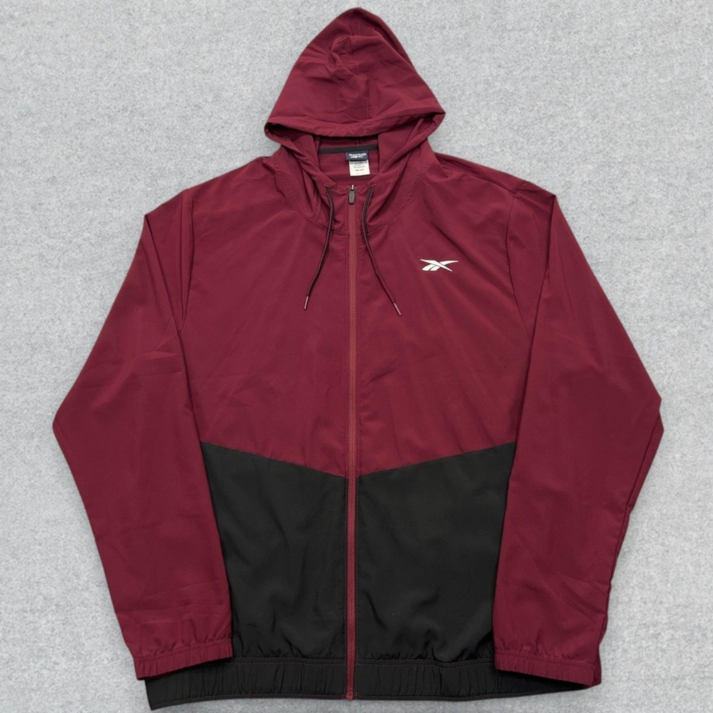 Reebok Windbreaker Jacket Mens XXL Maroon Black Colorblock Hooded 3RSMJ1706